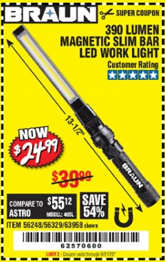 Harbor Freight Coupon BRAUN 390 LUMEN SLIM BAR FOLDING LED WORKLIGHT Lot No. 63958/56248/56329 Expired: 6/21/20 - $24.99