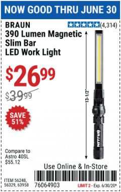 Harbor Freight Coupon BRAUN 390 LUMEN SLIM BAR FOLDING LED WORKLIGHT Lot No. 63958/56248/56329 Expired: 6/30/20 - $26.99