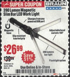 Harbor Freight Coupon BRAUN 390 LUMEN SLIM BAR FOLDING LED WORKLIGHT Lot No. 63958/56248/56329 Expired: 7/31/20 - $26.99