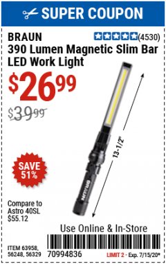 Harbor Freight Coupon BRAUN 390 LUMEN SLIM BAR FOLDING LED WORKLIGHT Lot No. 63958/56248/56329 Expired: 7/15/20 - $26.99