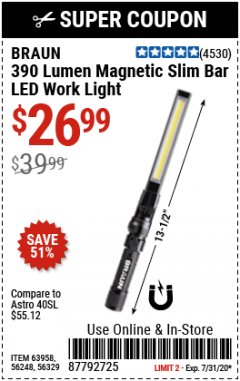 Harbor Freight Coupon BRAUN 390 LUMEN SLIM BAR FOLDING LED WORKLIGHT Lot No. 63958/56248/56329 Expired: 7/31/20 - $26