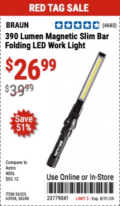 Harbor Freight Coupon BRAUN 390 LUMEN SLIM BAR FOLDING LED WORKLIGHT Lot No. 63958/56248/56329 Expired: 8/31/20 - $26.99