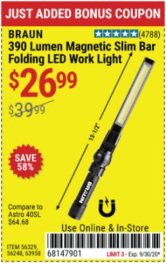 Harbor Freight Coupon BRAUN 390 LUMEN SLIM BAR FOLDING LED WORKLIGHT Lot No. 63958/56248/56329 Expired: 9/30/20 - $26.99