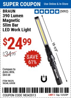 Harbor Freight Coupon BRAUN 390 LUMEN SLIM BAR FOLDING LED WORKLIGHT Lot No. 63958/56248/56329 Expired: 12/3/20 - $24.99