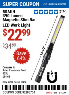 Harbor Freight Coupon BRAUN 390 LUMEN SLIM BAR FOLDING LED WORKLIGHT Lot No. 63958/56248/56329 Expired: 12/31/20 - $22.99