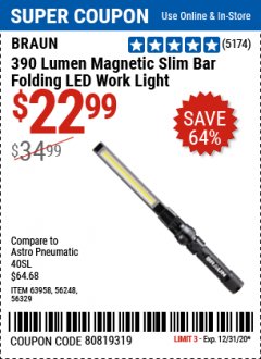 Harbor Freight Coupon BRAUN 390 LUMEN SLIM BAR FOLDING LED WORKLIGHT Lot No. 63958/56248/56329 Expired: 12/31/20 - $22.99