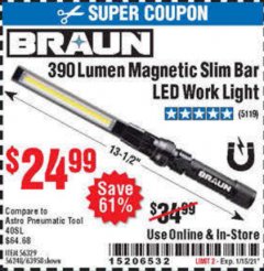 Harbor Freight Coupon BRAUN 390 LUMEN SLIM BAR FOLDING LED WORKLIGHT Lot No. 63958/56248/56329 Expired: 1/15/21 - $24.99