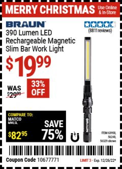 Harbor Freight Coupon BRAUN 390 LUMEN SLIM BAR FOLDING LED WORKLIGHT Lot No. 63958/56248/56329 Expired: 12/26/22 - $19.99