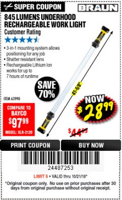 Harbor Freight Coupon BRAUN 845 LUMEN LED RECHARGEABLE UNDERHOOD WORK LIGHT Lot No. 63990 Expired: 10/21/18 - $28.99