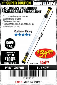 Harbor Freight Coupon BRAUN 845 LUMEN LED RECHARGEABLE UNDERHOOD WORK LIGHT Lot No. 63990 Expired: 6/30/19 - $34.99