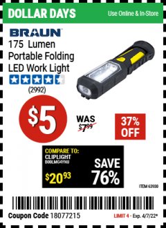 Harbor Freight Coupon BRAUN 845 LUMEN UNDERHOOD RECHARGEABLE WORK LIGHT Lot No. 63990 Expired: 4/7/22 - $5