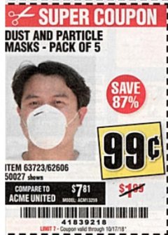Harbor Freight Coupon DUST AND PARTICLE MASK 5 PACK Lot No. 62606/63723/50027 Expired: 10/17/18 - $0.99