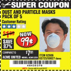 Harbor Freight Coupon DUST AND PARTICLE MASK 5 PACK Lot No. 62606/63723/50027 Expired: 5/4/19 - $0.99
