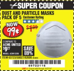 Harbor Freight Coupon DUST AND PARTICLE MASK 5 PACK Lot No. 62606/63723/50027 Expired: 10/27/19 - $0.99