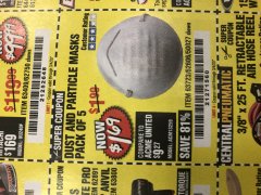 Harbor Freight Coupon DUST AND PARTICLE MASK 5 PACK Lot No. 62606/63723/50027 Expired: 3/4/20 - $1.69