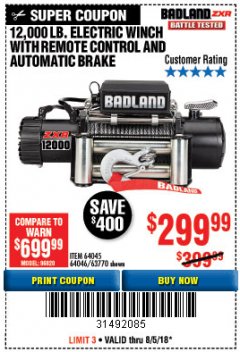 Harbor Freight Coupon BADLAND ZXR12000 12000 LB. OFF-ROAD VEHICLE ELECTRIC WINCH WITH AUTOMATIC LOAD-HOLDING BRAKE Lot No. 64045/64046/63770 Expired: 8/5/18 - $299.99