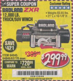 Harbor Freight Coupon BADLAND ZXR12000 12000 LB. OFF-ROAD VEHICLE ELECTRIC WINCH WITH AUTOMATIC LOAD-HOLDING BRAKE Lot No. 64045/64046/63770 Expired: 8/24/19 - $299.99