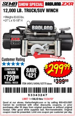 Harbor Freight Coupon BADLAND ZXR12000 12000 LB. OFF-ROAD VEHICLE ELECTRIC WINCH WITH AUTOMATIC LOAD-HOLDING BRAKE Lot No. 64045/64046/63770 Expired: 11/24/19 - $299.99