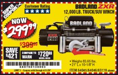Harbor Freight Coupon BADLAND ZXR12000 12000 LB. OFF-ROAD VEHICLE ELECTRIC WINCH WITH AUTOMATIC LOAD-HOLDING BRAKE Lot No. 64045/64046/63770 Expired: 6/30/20 - $299.99
