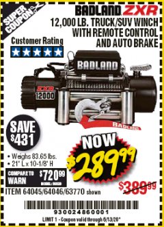 Harbor Freight Coupon BADLAND ZXR12000 12000 LB. OFF-ROAD VEHICLE ELECTRIC WINCH WITH AUTOMATIC LOAD-HOLDING BRAKE Lot No. 64045/64046/63770 Expired: 6/30/20 - $289.99