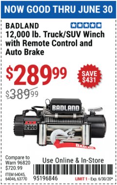 Harbor Freight Coupon BADLAND ZXR12000 12000 LB. OFF-ROAD VEHICLE ELECTRIC WINCH WITH AUTOMATIC LOAD-HOLDING BRAKE Lot No. 64045/64046/63770 Expired: 6/30/20 - $289.99