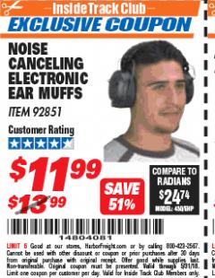 Harbor Freight ITC Coupon NOISE CANCELING ELECTRONIC EAR MUFFS Lot No. 92851 Expired: 5/31/18 - $11.99