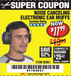 Harbor Freight Coupon NOISE CANCELING ELECTRONIC EAR MUFFS Lot No. 92851 Expired: 7/19/19 - $11.99