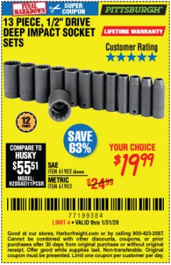 Harbor Freight Coupon 13 PIECES, 1/2" DRIVE, 12 POINT DEEP IMPACT SOCKET SETS Lot No. 61902/61903 Expired: 1/31/20 - $19.99