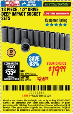 Harbor Freight Coupon PITTSBURGH 1/2 IN. DRIVE IMPACT DEEP SOCKET SET, 13-PIECE Lot No. 61902/61903 Expired: 1/31/20 - $19.99