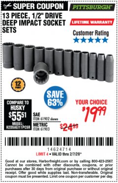 Harbor Freight Coupon 13 PIECES, 1/2" DRIVE, 12 POINT DEEP IMPACT SOCKET SETS Lot No. 61902/61903 Expired: 2/7/20 - $19.99