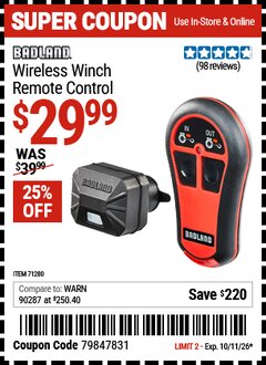 Harbor Freight Coupon BADLAND WIRELESS WINCH REMOTE CONTROL Lot No. 69229 EXPIRES: 10/11/26 - $29.99
