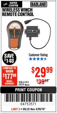 Harbor Freight Coupon BADLAND WIRELESS WINCH REMOTE CONTROL Lot No. 69229 Expired: 4/28/19 - $29.99