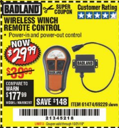 Harbor Freight Coupon WIRELESS WINCH REMOTE CONTROL Lot No. 69229/61474 Expired: 10/21/19 - $29.99