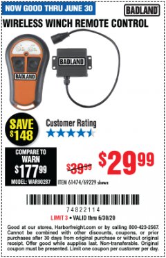 Harbor Freight Coupon BADLAND WIRELESS WINCH REMOTE CONTROL Lot No. 69229 Expired: 6/30/20 - $29.99