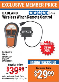 Harbor Freight ITC Coupon WIRELESS WINCH REMOTE CONTROL Lot No. 69229/61474 Expired: 12/31/20 - $29.99