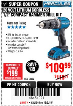 Harbor Freight Coupon HERCULES 1/2" COMPACT HAMMER DRILL/DRIVER KIT Lot No. 63382 Expired: 12/2/18 - $0