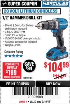 Harbor Freight Coupon HERCULES 1/2" COMPACT HAMMER DRILL/DRIVER KIT Lot No. 63382 Expired: 2/10/19 - $104.99