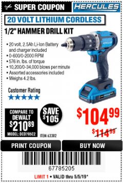 Harbor Freight Coupon HERCULES 1/2" COMPACT HAMMER DRILL/DRIVER KIT Lot No. 63382 Expired: 5/5/19 - $104.99