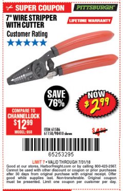 Harbor Freight Coupon 7 IN. WIRE STRIPPER WITH CUTTER Lot No. 61586 Expired: 7/31/18 - $2.99