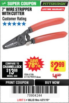 Harbor Freight Coupon 7 IN. WIRE STRIPPER WITH CUTTER Lot No. 61586 Expired: 4/21/19 - $2.99