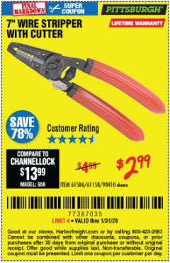 Harbor Freight Coupon 7 IN. WIRE STRIPPER WITH CUTTER Lot No. 61586 Expired: 1/31/20 - $2.99