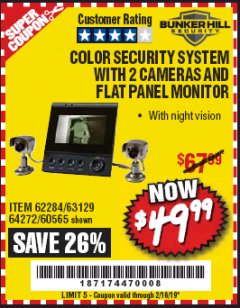 Harbor Freight Coupon COLOR SECURITY SYSTEM WITH 2 CAMERAS AND FLAT PANEL MONITOR Lot No. 62284/63129/60565 Expired: 2/16/19 - $49.99