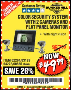 Harbor Freight Coupon COLOR SECURITY SYSTEM WITH 2 CAMERAS AND FLAT PANEL MONITOR Lot No. 62284/63129/60565 Expired: 3/30/19 - $49.99