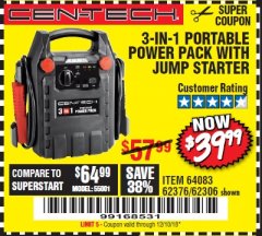 Harbor Freight Coupon 3-IN-1 PORTABLE POWER PACK WITH JUMP STARTER Lot No. 38391/60657/62306/62376/64083 Expired: 12/10/18 - $39.99