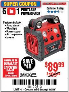Harbor Freight Coupon 5-IN-1 PORTABLE POWER PACK Lot No. 60703/62747/63998/63746 Expired: 9/3/18 - $89.99