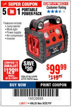 Harbor Freight Coupon 5-IN-1 PORTABLE POWER PACK Lot No. 60703/62747/63998/63746 Expired: 9/22/19 - $99.99