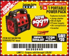 Harbor Freight Coupon 5-IN-1 PORTABLE POWER PACK Lot No. 60703/62747/63998/63746 Expired: 1/25/20 - $99.99