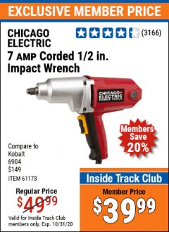 Harbor Freight ITC Coupon 1/2" ELECTRIC IMPACT WRENCH Lot No. 31877/61173/68099/69606 Expired: 10/31/20 - $39.99