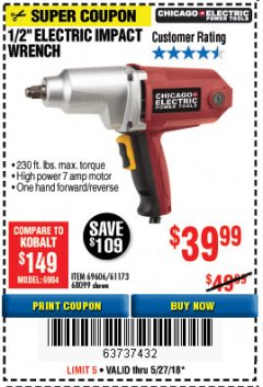 Harbor Freight Coupon 1/2" ELECTRIC IMPACT WRENCH Lot No. 31877/61173/68099/69606 Expired: 5/27/18 - $39.99