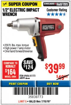 Harbor Freight Coupon 1/2" ELECTRIC IMPACT WRENCH Lot No. 31877/61173/68099/69606 Expired: 7/15/18 - $39.99
